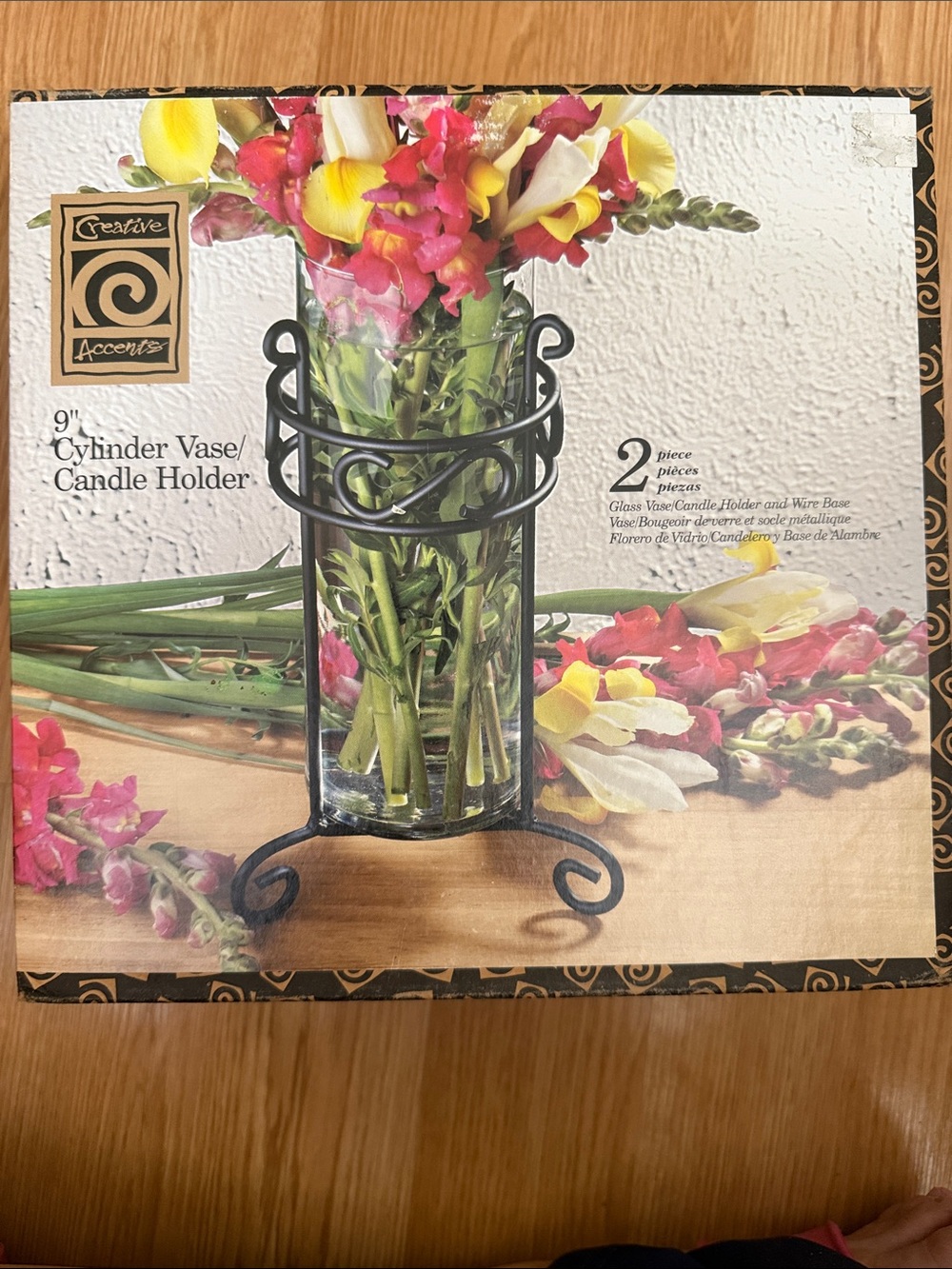 Black Cylinder Vase with Decorative Metal Stand